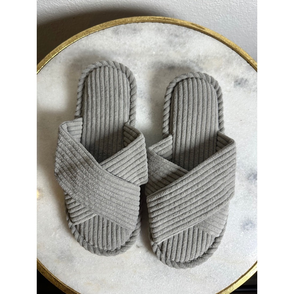 Womens Grey Corduroy Cross Band Open Toe Spa Slippers Plush Slides‎